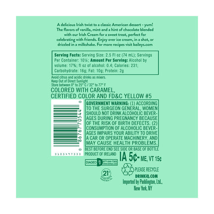 Baileys Vanilla Mint Shake Limited Edition Irish Cream