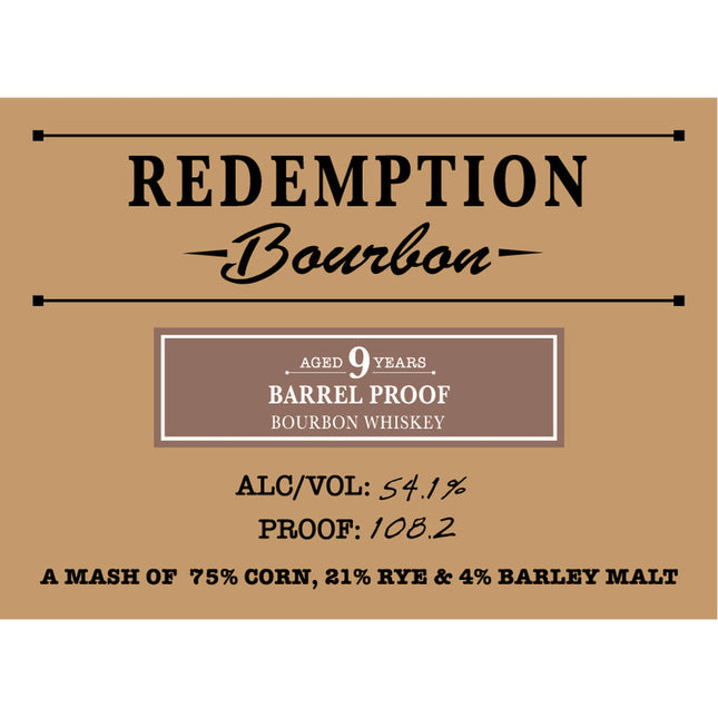 Redemption 9 Year Old Barrel Proof Bourbon Whiskey