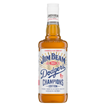 Jim Beam Dodgers Champions Edition bottle on a white background