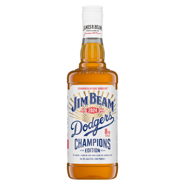 Jim Beam Dodgers Champions Edition bottle on a white background