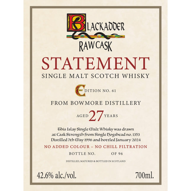 Blackadder Raw Cask Statement Bowmore 27 Year Old - Barbank