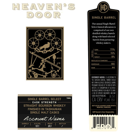 Heaven’s Door Single Barrel Select Finished in Tasmanian Single Malt Casks - Barbank