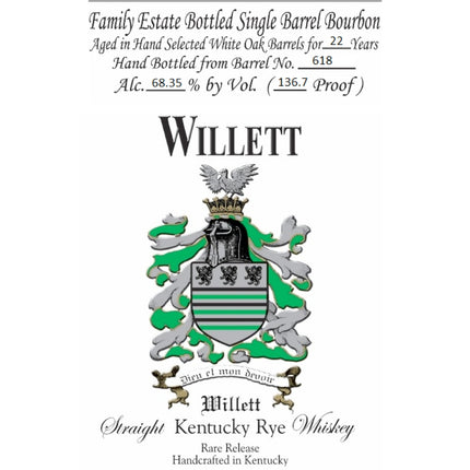 Willet 22 Year Old Single Barrel Rye Whiskey Barrel #618 - Barbank