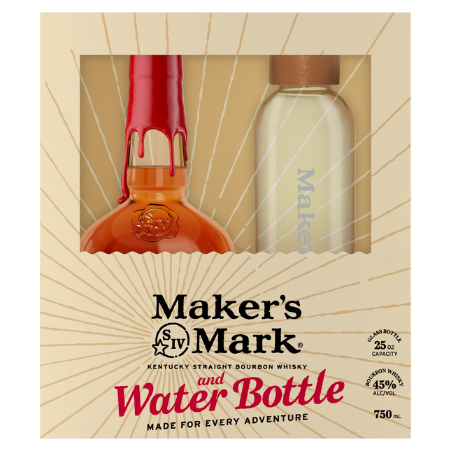 Maker's Mark bourbon bottle and water bottle set in packaging