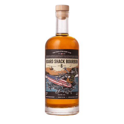 Bottle of Board Shack Bourbon with a colorful label on a white background