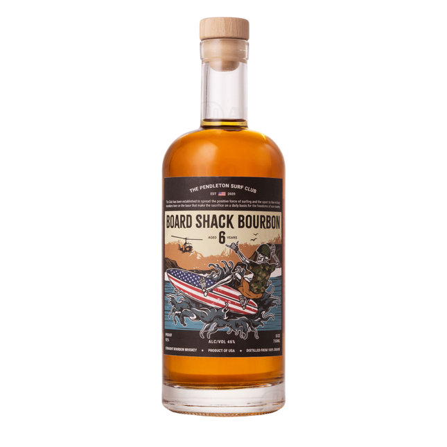 Bottle of Board Shack Bourbon with a colorful label on a white background