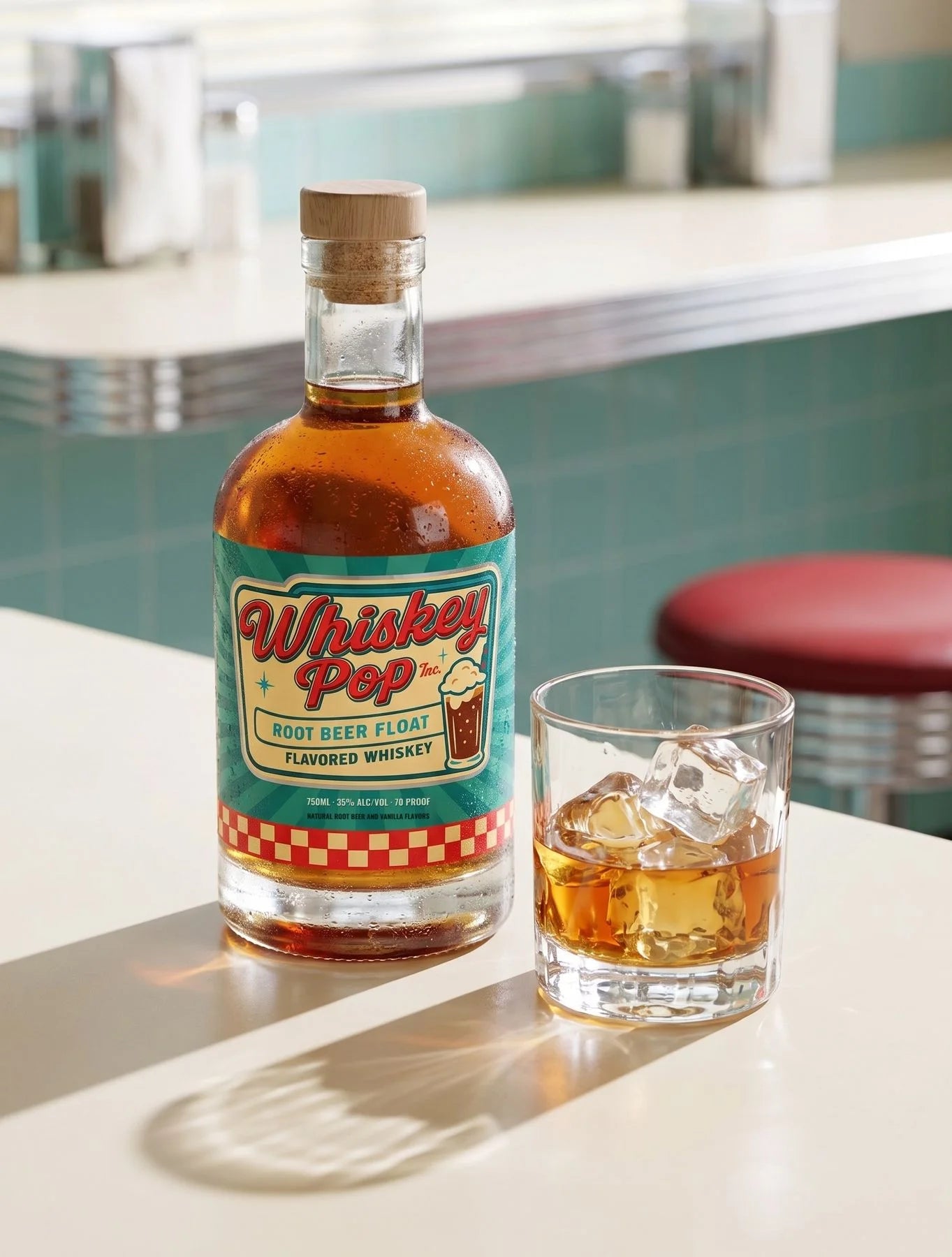 Whiskey Pop Root Beer Float Flavored Whiskey bottle next to a glass over ice on a diner counter